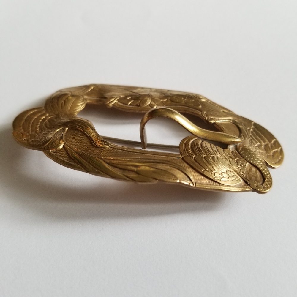 Relisted -Antique Edwardian crane lily pad sash brooch pin nouveau gold tone - Picture 12 of 17